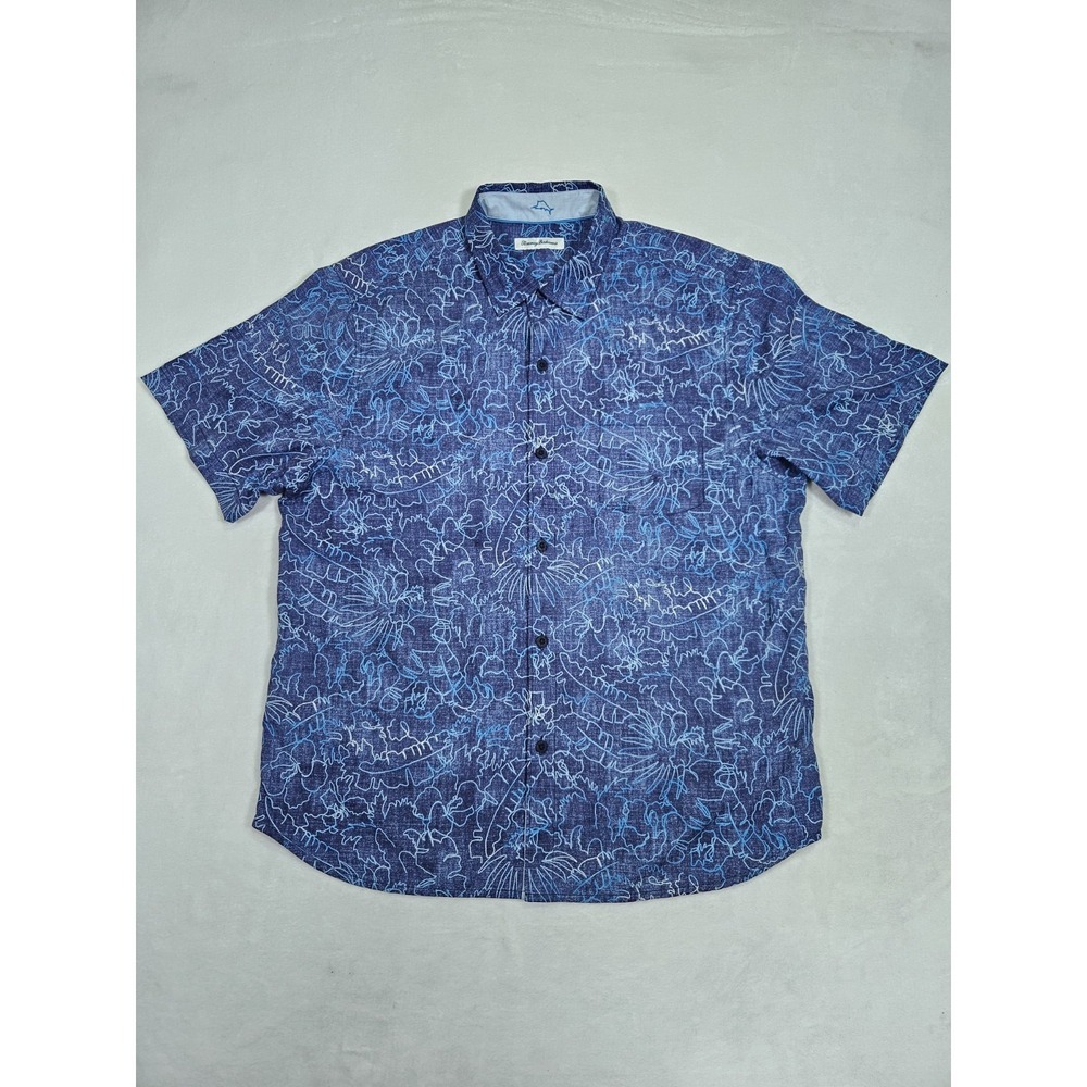 Tommy Bahama Shirt Men's XL Silk Blend Geometric Hawaiian Camp Casual Button